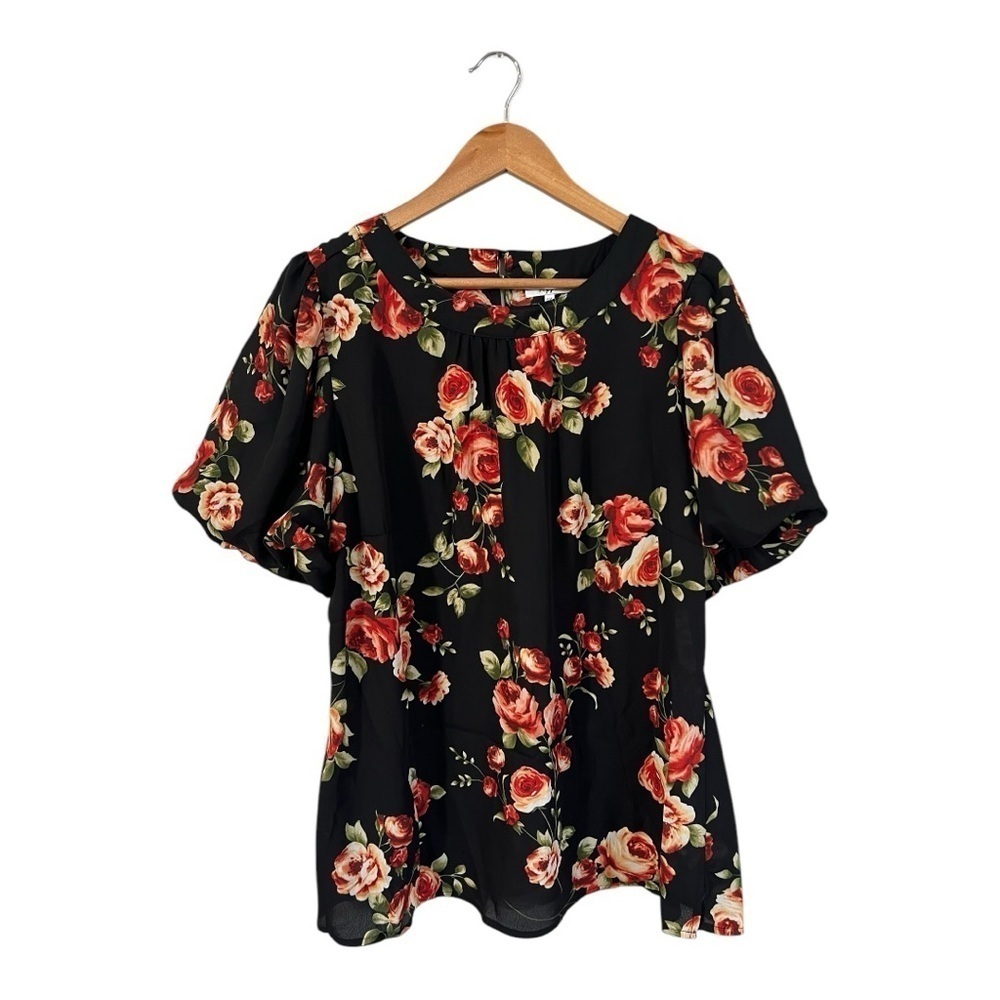Poppi Blouse Women's Plus Size 1X Rose Floral Print Puff Sleeve